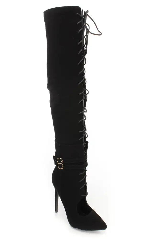 Black Thigh High Lace Up High Heel Boots Nubuck - AMIClubwear