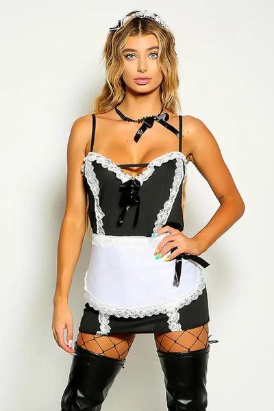Black White Sleeveless Lace Trim Maid 4 Piece Costume - AMIClubwear