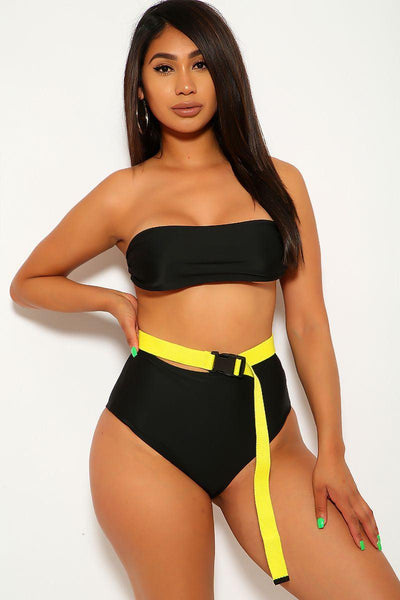 Black Yellow High Waist Three Piece Swimsuit Set - AMIClubwear