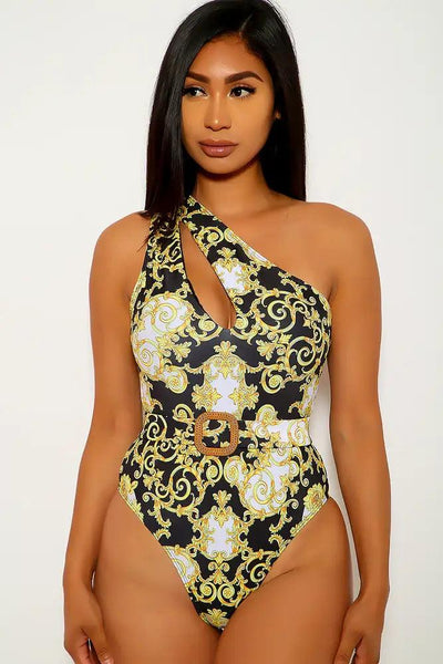 Black Yellow Printed One Piece Swimsuit - AMIClubwear