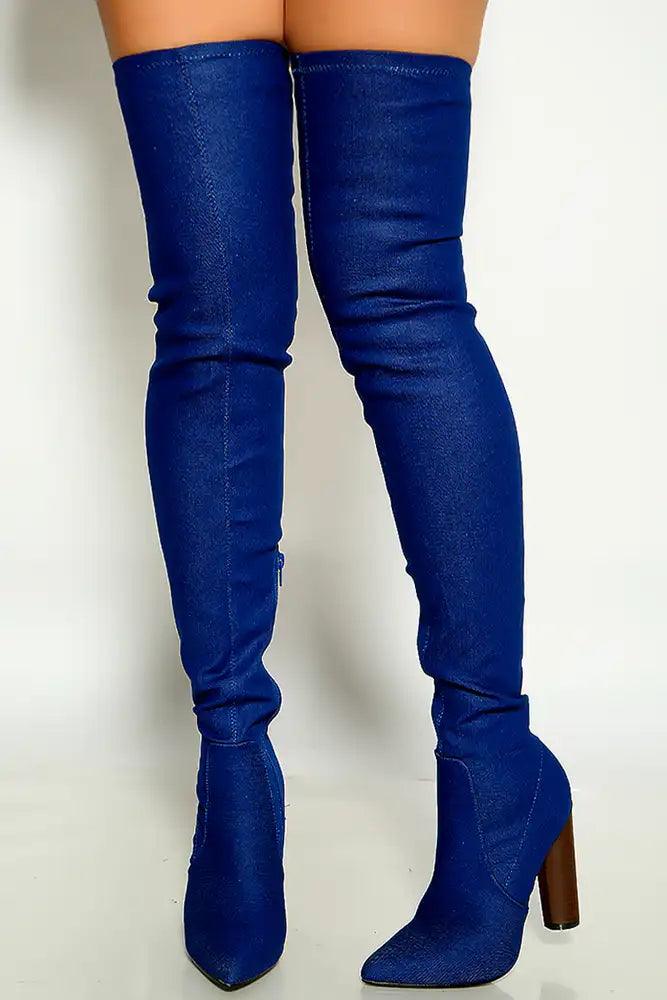 Blue Denim Pointy Toe Chunky Heel Thigh High Boots