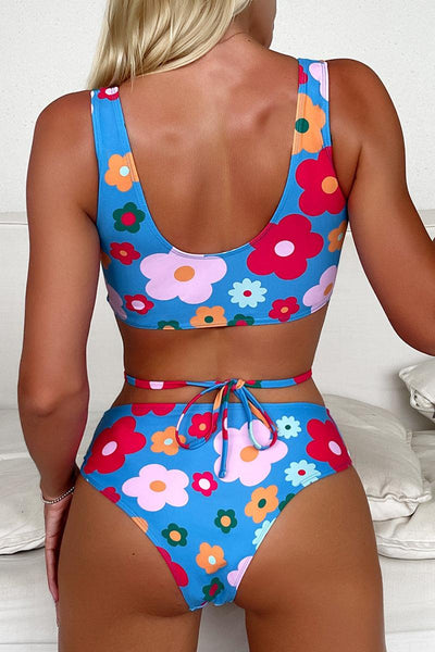 Blue Floral Print Strappy Sexy Two Piece Swimsuit - AMIClubwear
