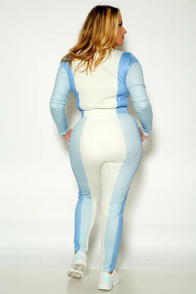 Blue Long Sleeve Two Tone Lounge Wear Plus Size Two Piece Outfit - AMIClubwear
