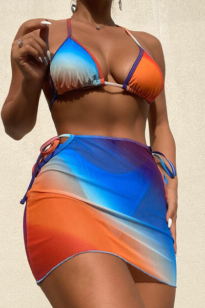 Blue Orange Printed Sexy Three Piece Swimsuit - AMIClubwear