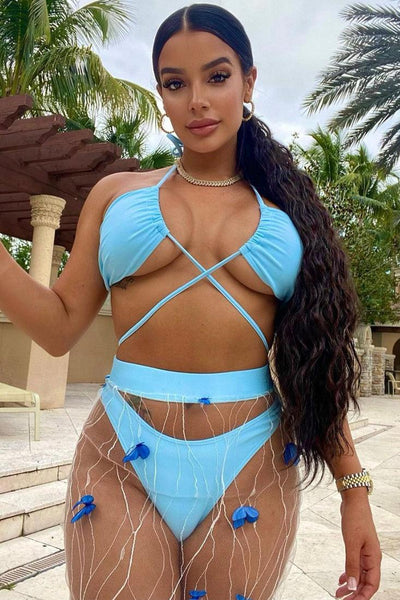 Blue Strappy Butterfly Mesh Cheeky Sexy Three Piece Swimsuit - AMIClubwear