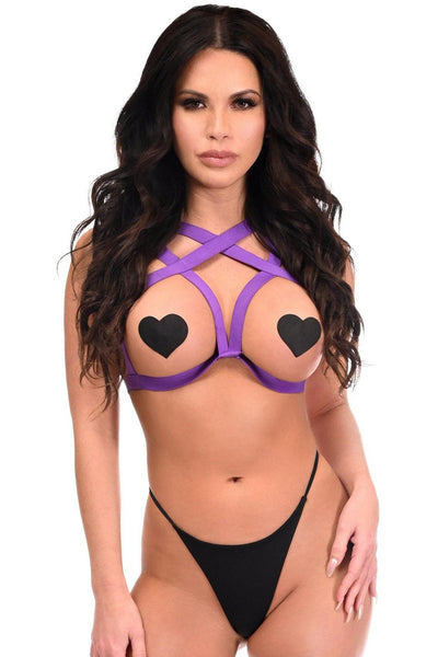 BOXED Purple Stretchy Body Harness Top - AMIClubwear