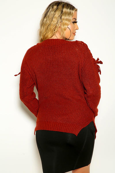 Brick Long Sleeve Side Slits Knitted Sweater - AMIClubwear
