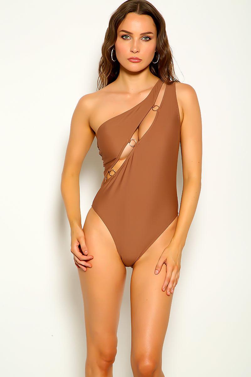 Brown O-Ring Cut Out Sexy One Piece Swimsuit - AMIClubwear