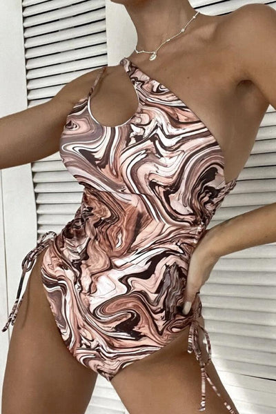 Brown Printed One Shoulder Sexy One Piece Swimsuit - AMIClubwear