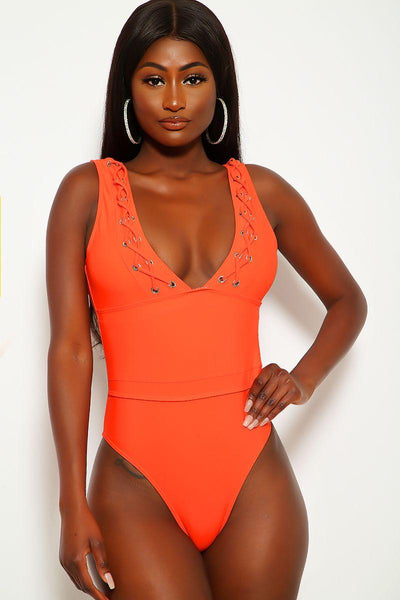 Burnt Orange Caged Plunging One Piece Swimsuit - AMIClubwear