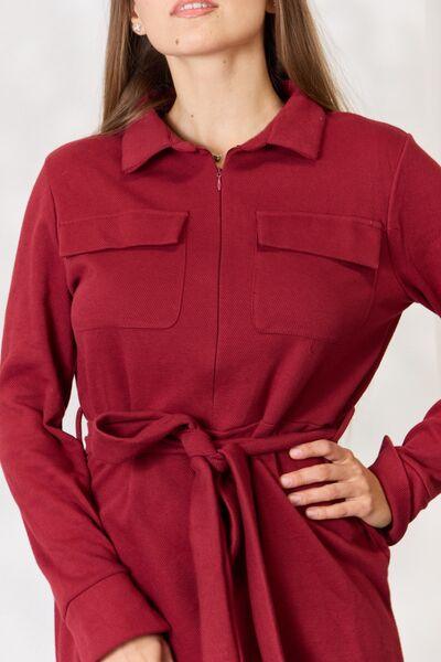 Culture Code Full Size Tie Front Half Zip Long Sleeve Shirt Dress - AMIClubwear