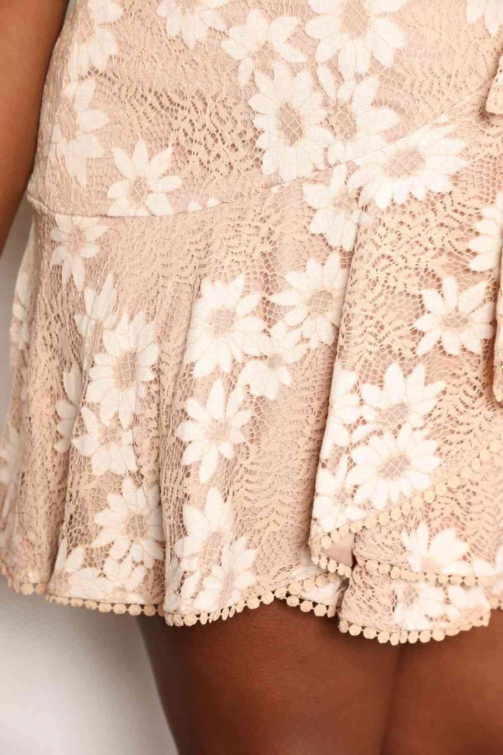 Double Take Floral Lace Pompom Detail Tie-Waist Flutter Sleeve Dress - AMIClubwear