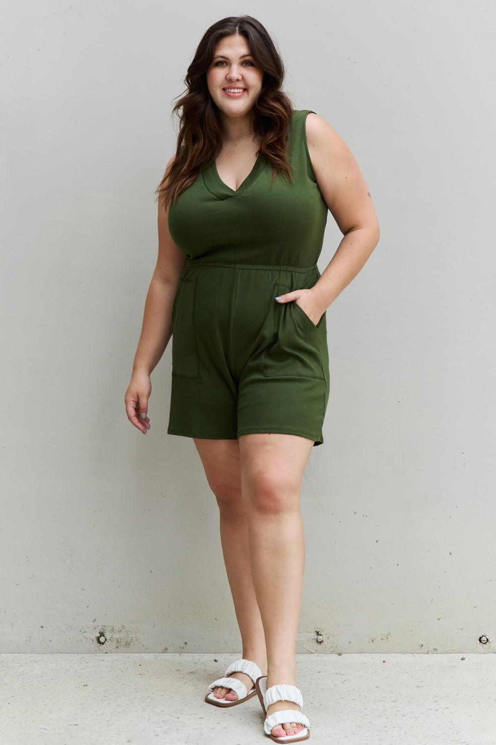 Zenana Forever Yours Full Size V-Neck Sleeveless Romper in Army Green - AMIClubwear