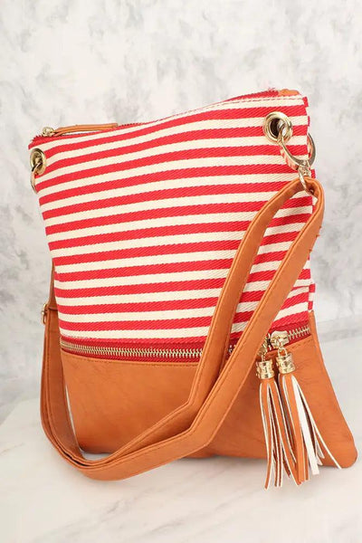 Camel Red Striped Faux Leather Shoulder Handbag - AMIClubwear