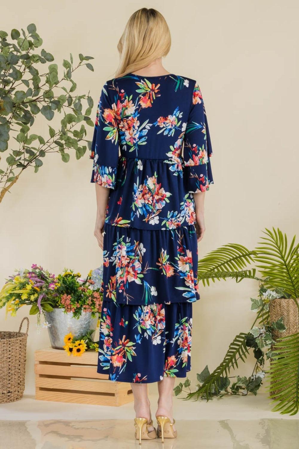 Celeste Full Size Floral Ruffle Tiered Midi Dress - AMIClubwear