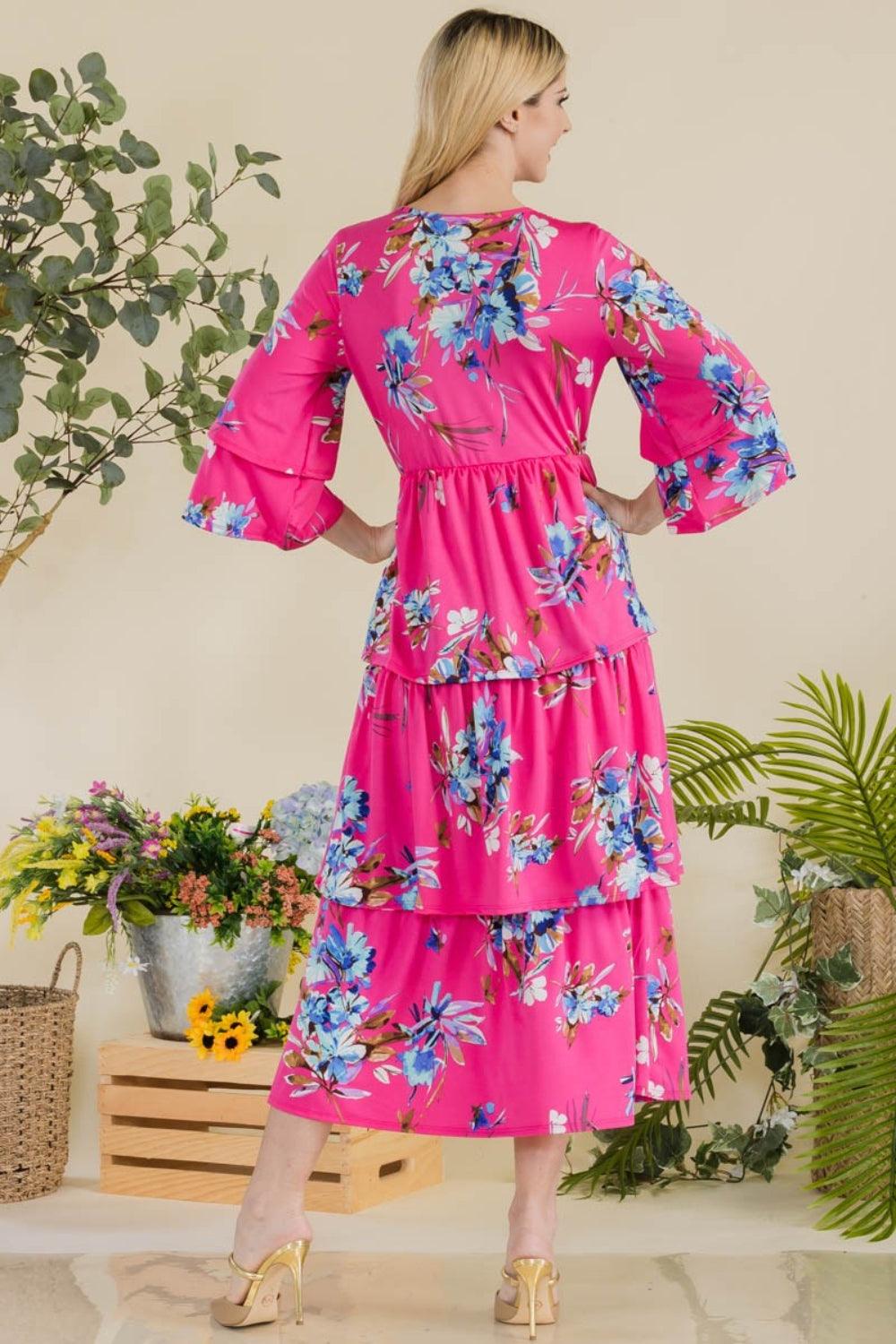 Celeste Full Size Floral Ruffle Tiered Midi Dress - AMIClubwear