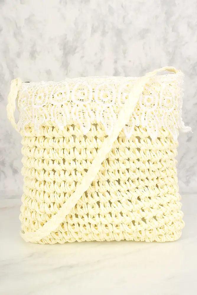Cream Straw Embroidered Crochet Shoulder Handbag - AMIClubwear