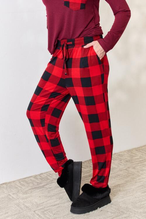Zenana Full Size Plaid Round Neck Top and Pants Pajama Set - AMIClubwear