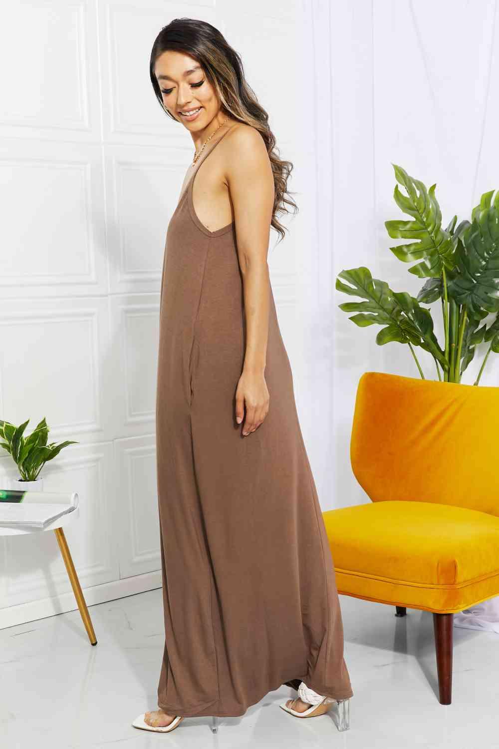 Zenana Full Size Beach Vibes Cami Maxi Dress in Mocha - AMIClubwear