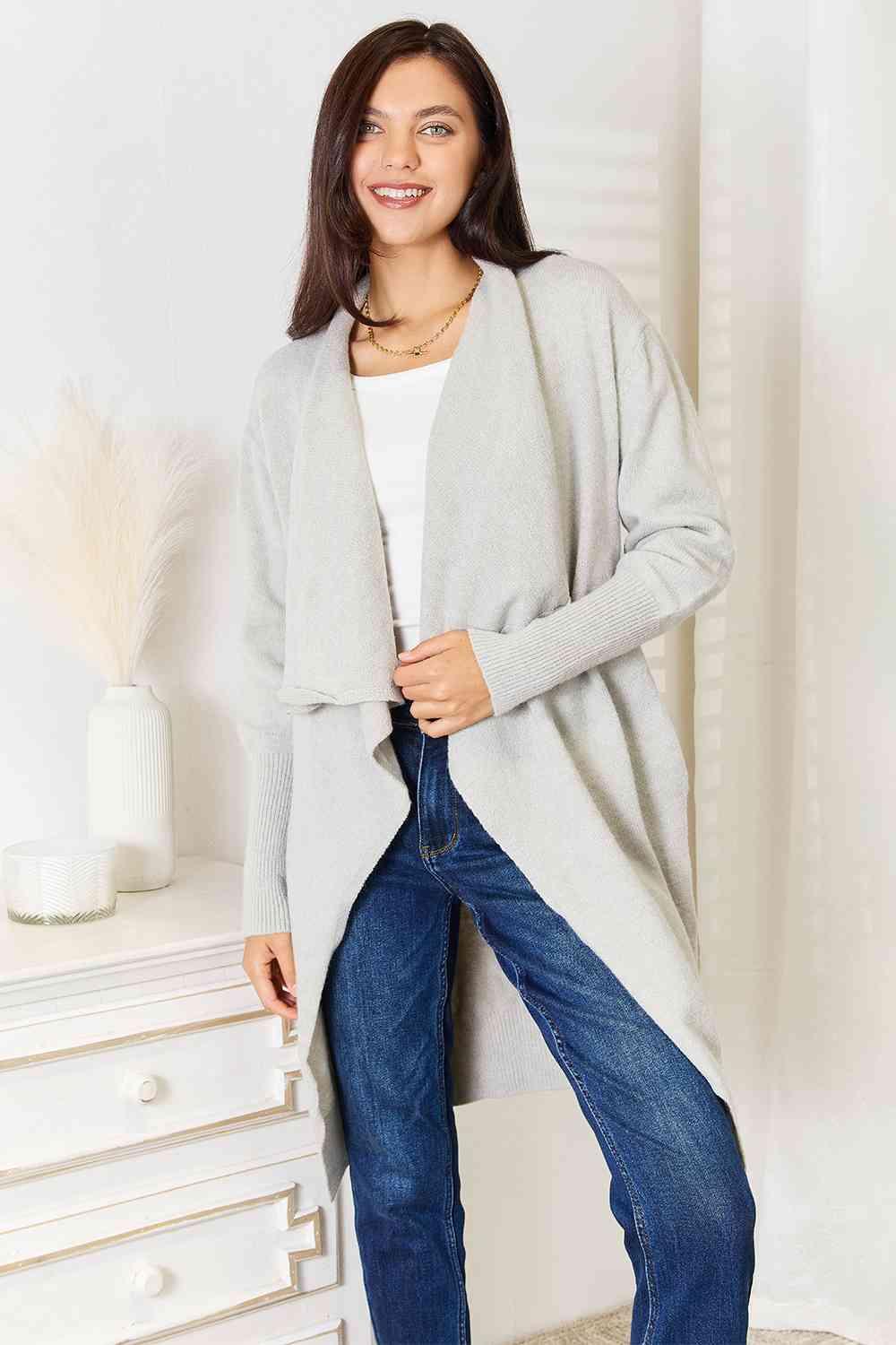Double Take Pocketed Open Front Long Sleeve Cardigan main image 0