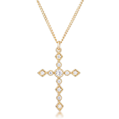 Dainty Art Deco Gold Plated Clear CZ Cross Pendant - AMIClubwear