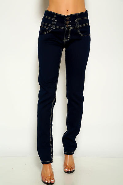 Dark Blue Denim Triple Button Mid Rise Skinny Jeans - AMIClubwear