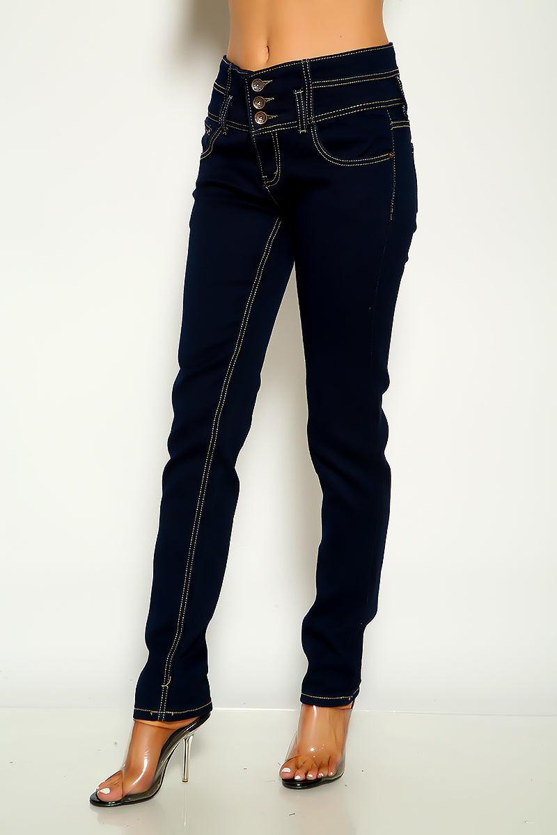 Dark Blue Denim Triple Button Mid Rise Skinny Jeans - AMIClubwear