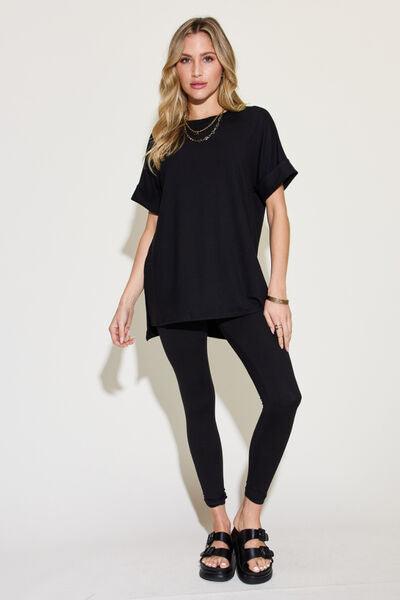 Zenana Plus Size Short Sleeve Slit T-Shirt and Leggings Lounge Set - AMIClubwear