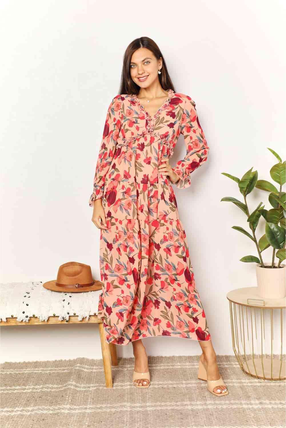 Double Take Floral Frill Trim Flounce Sleeve Plunge Maxi Dress - AMIClubwear