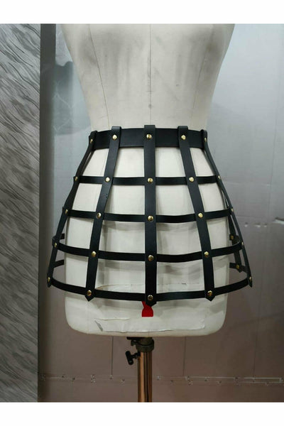 Faux Leather Cage Skirt W/ Gold Hardware - AMIClubwear