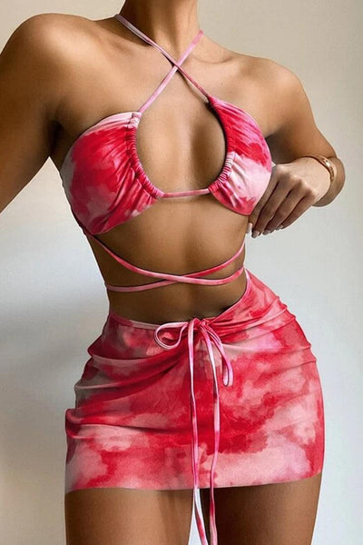 Fuchsia Printed Strappy Three Piece Sexy Swimsuit - AMIClubwear