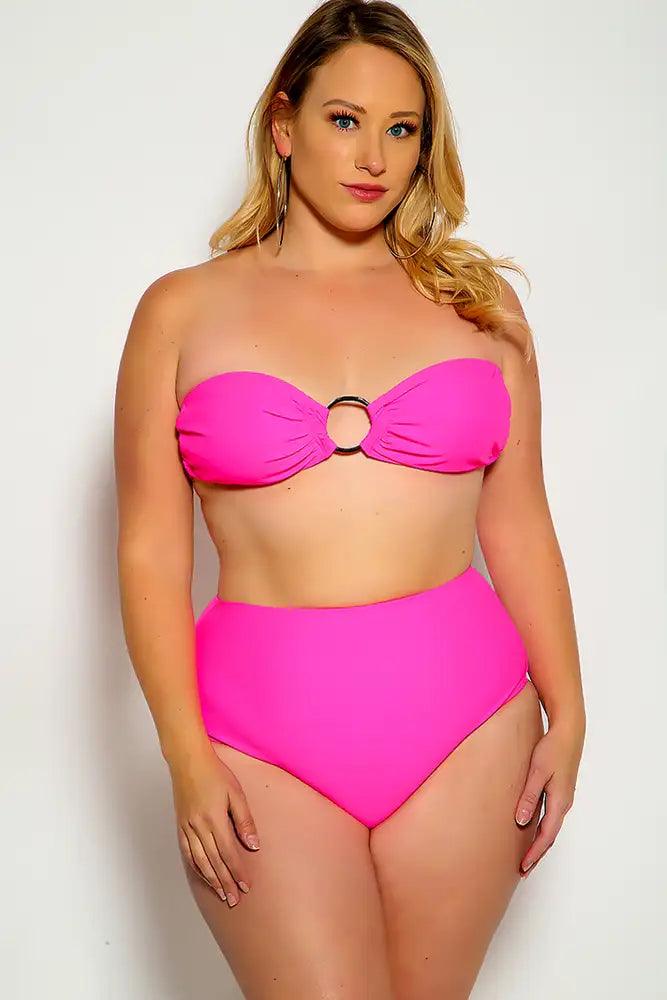 Two Piece Plus Size Bandeau Swimsuit Fuchsia Strapless O-ring High