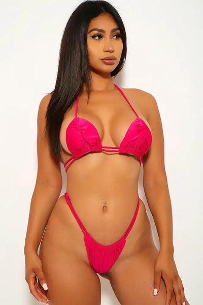 Fuchsia Strappy Ruched Two Piece Swimsuit - AMIClubwear