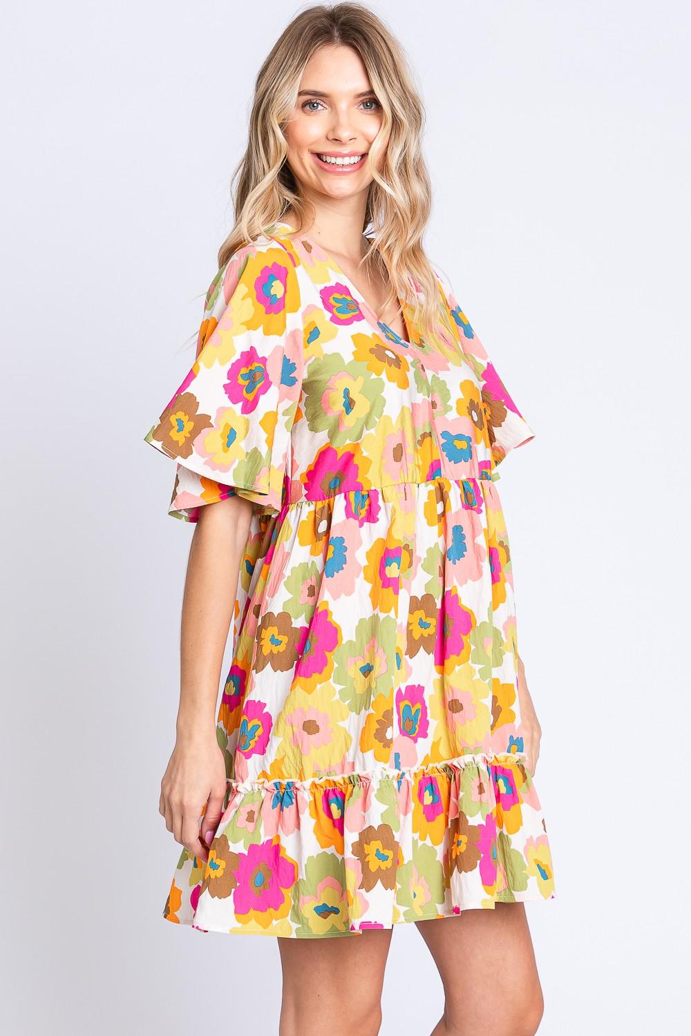 GeeGee Floral V-Neck Ruffle Hem Mini Dress - AMIClubwear