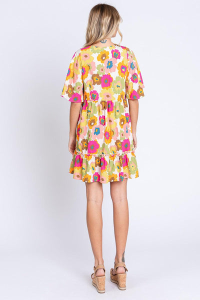 GeeGee Full Size Floral V-Neck Ruffle Trim Mini Dress - AMIClubwear