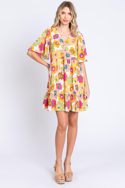 GeeGee Full Size Floral V-Neck Ruffle Trim Mini Dress - AMIClubwear