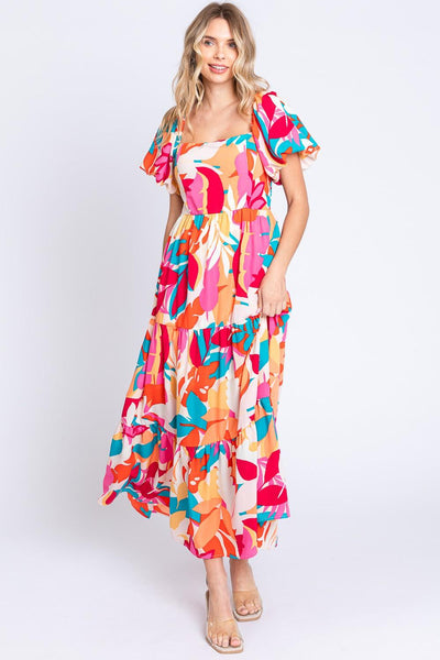 GeeGee Full Size Printed Smocked Back Tiered Maxi Dress - AMIClubwear