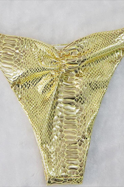 Gold Snake Rhinestone Strappy Halter Cheeky 2 Pc Swimsuit - AMIClubwear