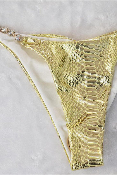 Gold Snake Rhinestone Strappy Halter Cheeky 2 Pc Swimsuit - AMIClubwear