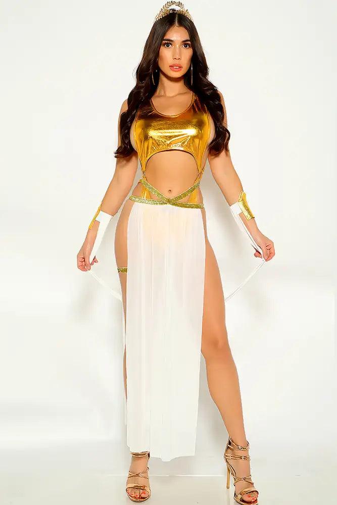Gold White Cut Out Sexy Goddess 4 Piece Costume - AMIClubwear