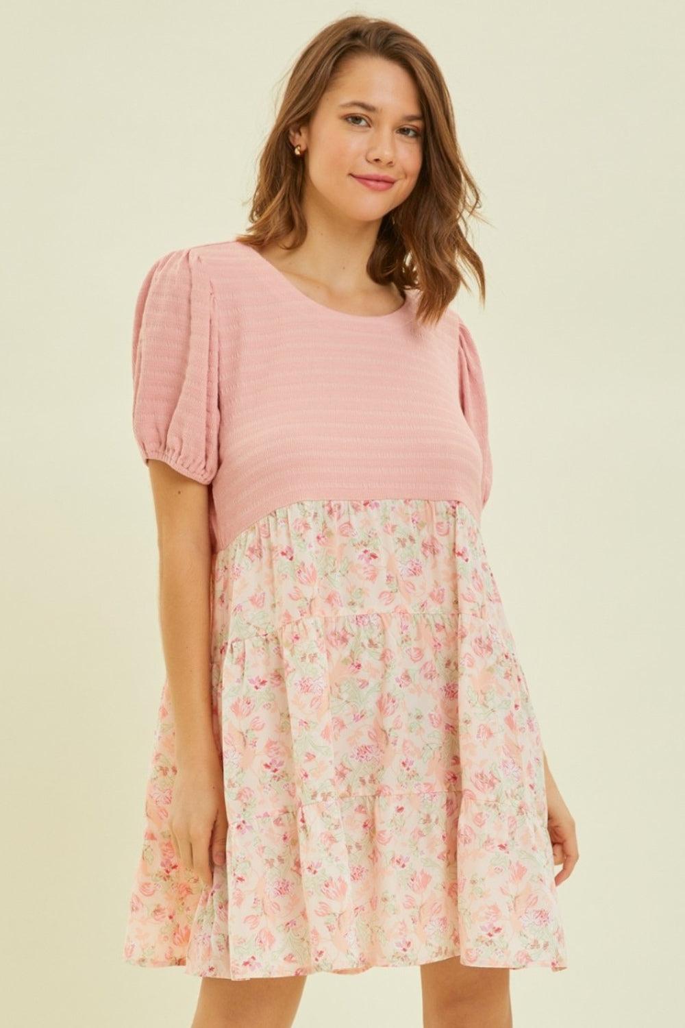 HEYSON Full Size Round Neck Floral Ruffle Hem Mini Dress - AMIClubwear