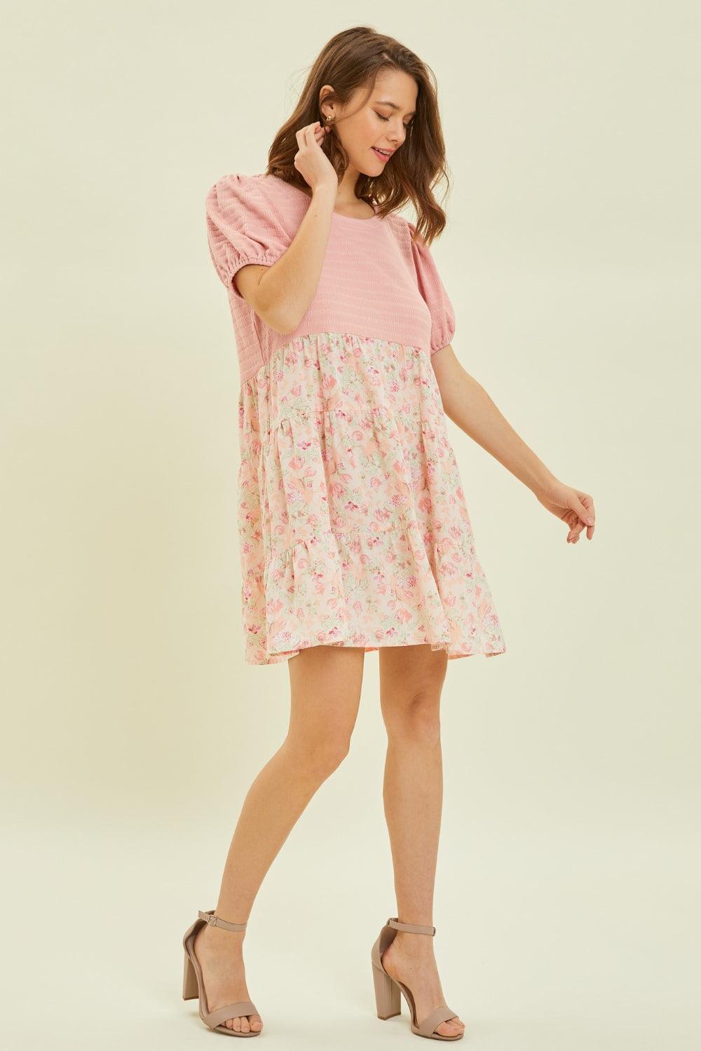 HEYSON Full Size Round Neck Floral Ruffle Hem Mini Dress - AMIClubwear