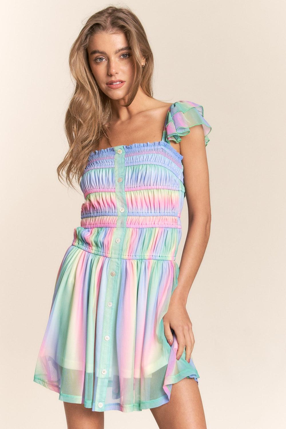J.NNA Rainbow Smocked Mini Mesh Dress - AMIClubwear