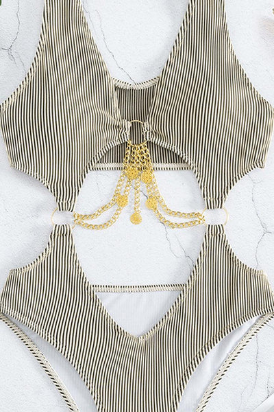 Khaki O-Ring Chain Linked Hollow Out Ribbed Monokini - AMIClubwear