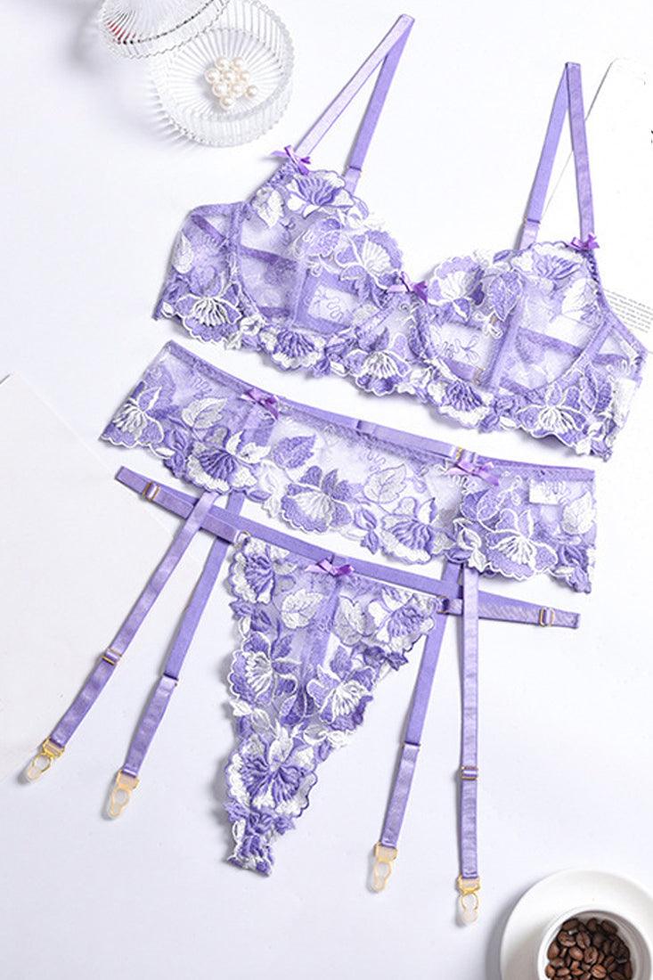 Lavender Floral Embroidered Mesh Underwire Sexy Lingerie 3 Pc Set - AMIClubwear