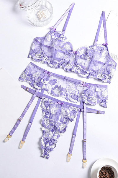 Lavender Floral Embroidered Mesh Underwire Sexy Lingerie 3 Pc Set - AMIClubwear