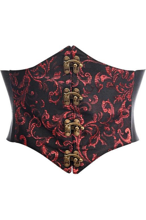 Lavish Black/Red Swirl Brocade Corset Belt Cincher w/Clasps - AMIClubwear