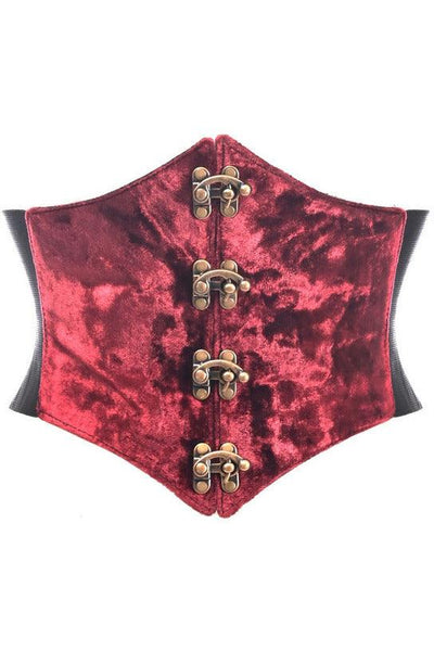 Lavish Dark Red Crushed Velvet Corset Belt Cincher w/Clasps - AMIClubwear