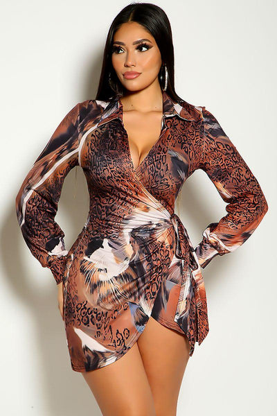 Leopard Long Sleeve Wrap Around Dress - AMIClubwear