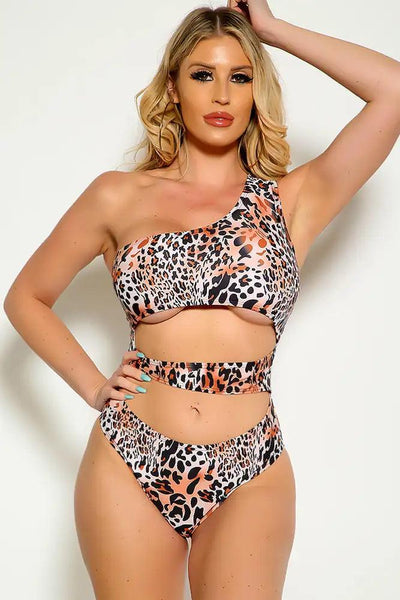 Leopard One Shoulder Sleeveless Cut Out One Piece Swimsuit - AMIClubwear